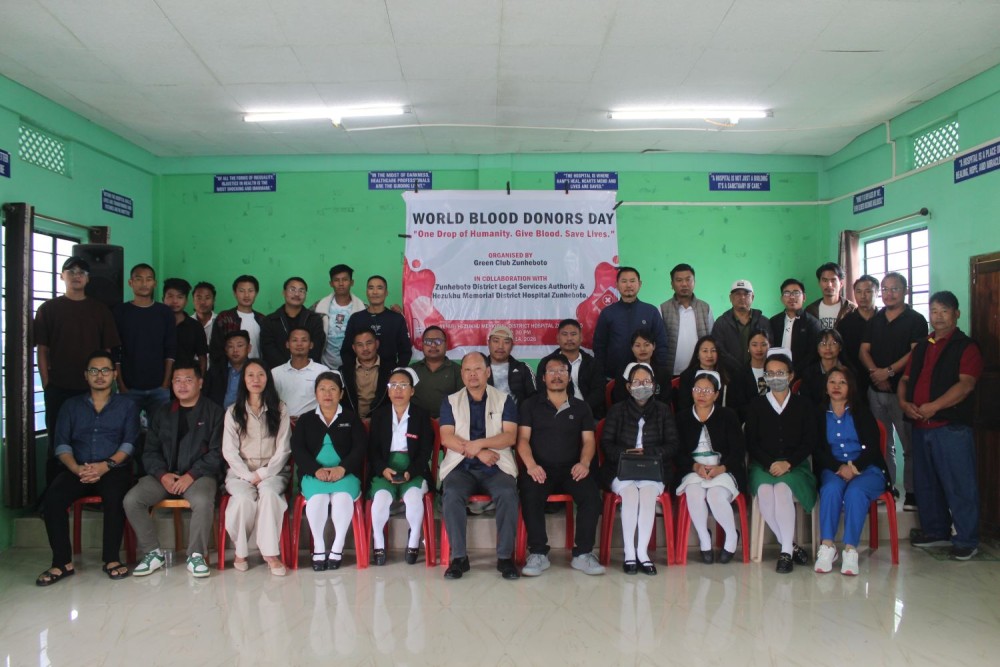 Officials along with donors during the World Blood Donor Day programme held at the conference hall of the HMDH in Zunheboto on June 14.